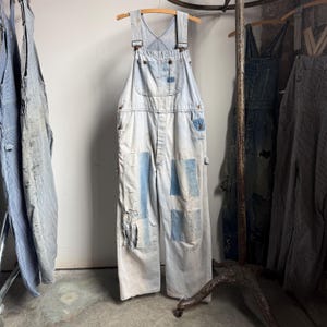 Vintage 1970’s Big Mac Patchwork Denim Overalls, Light Wash Repaired Denim Bibs, Big Mac Square Bak, 36” Waist