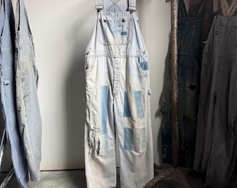 Vintage 1970’s Big Mac Patchwork Denim Overalls, Light Wash Repaired Denim Bibs, Big Mac Square Bak, 36” Waist