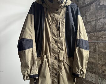 Chaqueta parka con capucha REI vintage de los años 80 ~ Bloques de color marrón claro y negro ~ Chaqueta larga con cintura ajustable ~ Tejido Goretex ~ Talla L