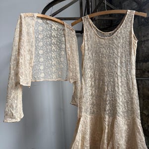 Antique 1920’s Ivory Floral Lace Dropwaist Dress and Matching Bolero, Flapper Era Dress Set, XXS/XS