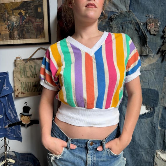 Vintage 1970’s Colorful Striped Terry Cloth V-Neck Tee, Retro 70s Summer Style Fashion, Size Small