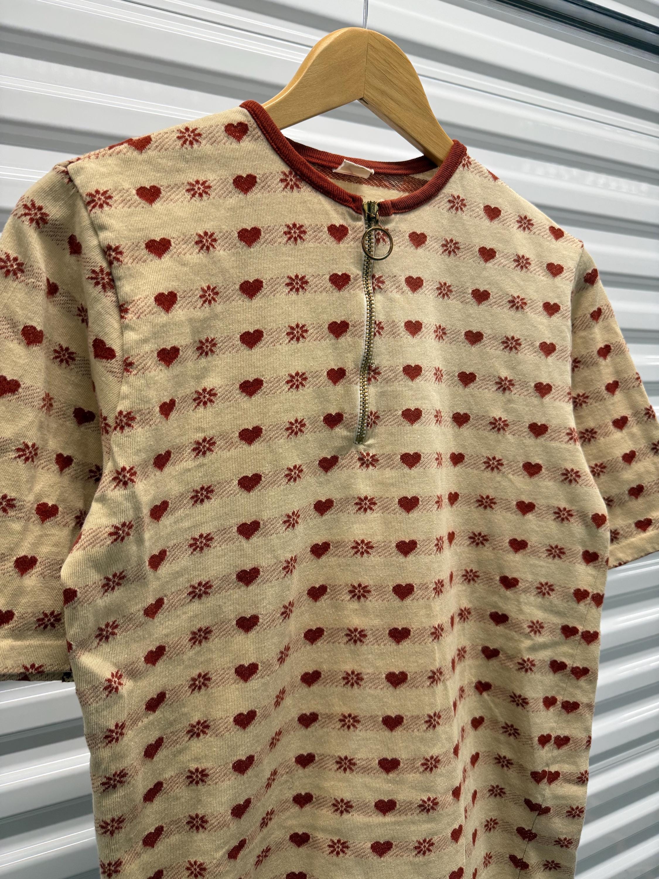 70's jantzen half zip カットソーmade in usa Vintage 1970's Jantzen Half Zip Cotton T Shirt Heart Pattern