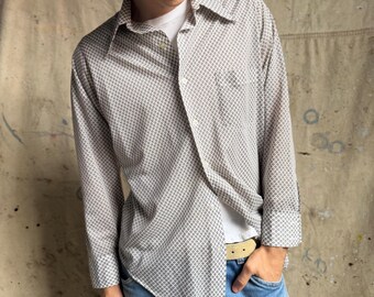 Vintage 1970’s Van Heusen Geometric Print Poly Knit Button Up Shirt, Size Large