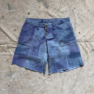 Vintage 1970’s Patchwork Denim Printed Flared Cutoff Shorts, Retro Funky Hippie Boho Style Shorts, Size Large 32” Waist