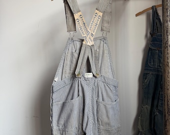 Vintage 1950’s Oshkosh B’Gosh Hickory Striped Low Back Denim Overalls, Union Made Sanforized Denim, 35” Waist