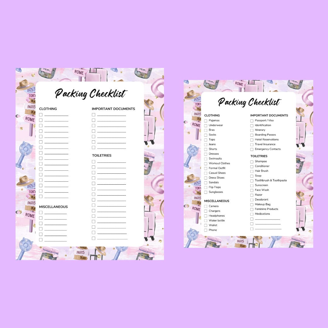 Printable Travel Packing Checklist | Vacation Checklist - Etsy