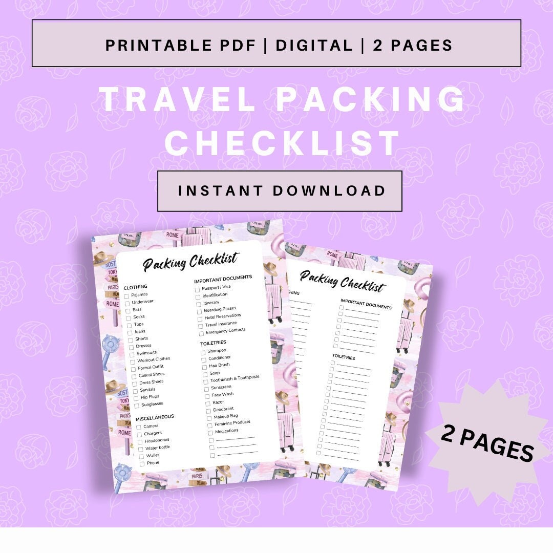 Printable Travel Packing Checklist | Vacation Checklist - Etsy
