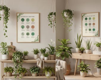 May include: A room with various houseplants, including hanging plants, and potted plants on a wooden shelf and table. A framed "Houseplant Care Guide" poster hangs on the wall. The room has a neutral color palette with natural light.