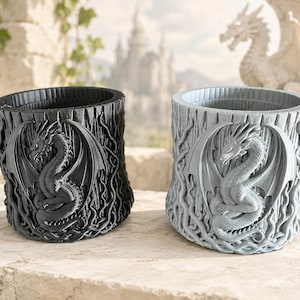 May include: Two cylindrical planters, one black and one gray, each featuring a detailed dragon relief. The planters have a textured, tree-trunk-like exterior. The dragon has outstretched wings and is centered on the front of each planter.