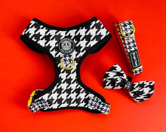 Houndstooth (Black&White) Adjustable No-Pull Dog  Harness with Gold Accents
