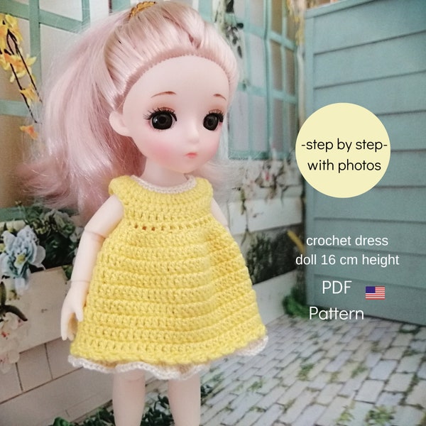 Crochet  Dress PATTERN for doll BJD 6.3inch (16cm) height