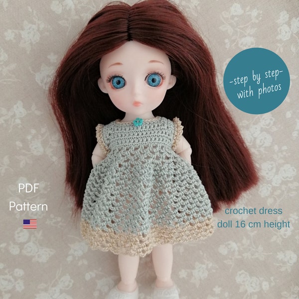 Crochet  Dress PATTERN for doll BJD 6.3inch (16cm) height