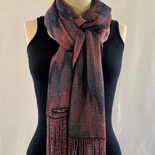 MULTICOLOR SCARF with cascading shades of blue and red, handwoven in silken Tencel, 11x56 inches