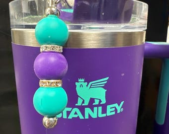 Beaded Tumbler Charm, Teal and Black Silicone Beads, Rhinestone Accent
