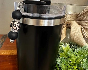 Leopard Print Tumbler Charm, Rhinestone Rondelle, Keychain