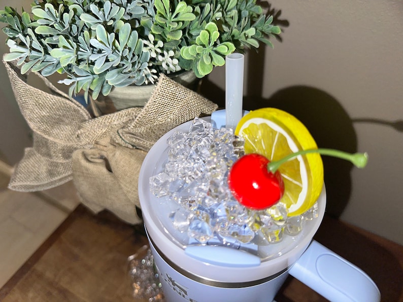 Pu&ograve; includere: Un thermos da viaggio in acciaio inossidabile blu chiaro con un coperchio trasparente, pieno di ghiaccio, una fetta di limone e una ciliegia rossa. Il thermos ha un manico e una cannuccia.