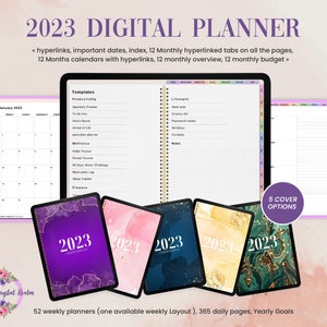 May include: A digital planner for 2023 with five different cover options. The covers feature marbleized patterns in shades of purple, pink, blue, green, and gold. The planner includes 52 weekly planners, 365 daily pages, and yearly goals.