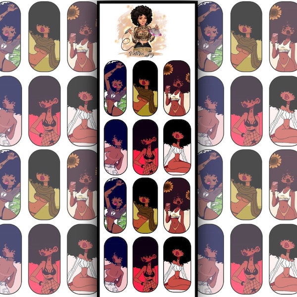 Décalcomanies à ongles Afro Girl | Ongles décalcomanies pour toboggan aquatique | Stickers ongles