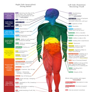 May include: A detailed chart titled "The Roby Chart" illustrating how beliefs affect anatomy. The image features a human figure with colored zones representing chakras and associated emotions, with text describing body functions and emotional connections.