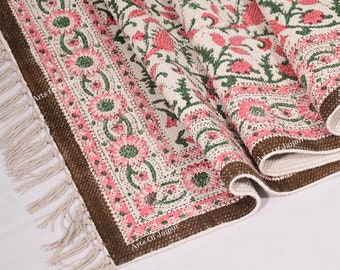 Cotton square area rug, Hand block printed rug, Indian cotton flat weave rug, Floral print rug, Entryway rugs, Bedroom area rug 5x5, 7x7 ft