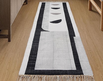 Hand Block Printed Cotton Dhurrie Rug, Black White Runner Rug, Indian Flatweave Carpet, Boho Hallway Rug, Minimalist Home Decor