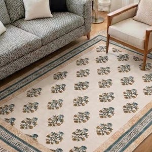 Hand Block Printed Floral Cotton Rug: Yellow Dhurrie Area Mat