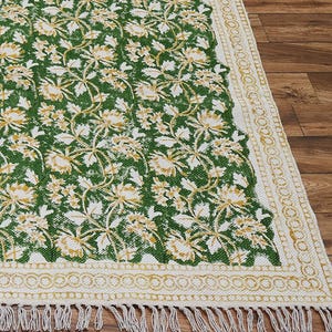 Handmade Green Floral Rug: Block Printed Cotton Flatweave