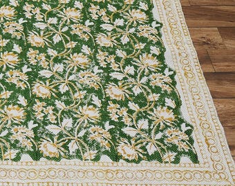 Handmade Green Floral Rug: Block Printed Cotton Flatweave