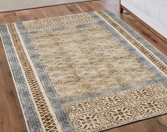Handbedrukt katoenen vloerkleed, geometrische dhurrie-stijl, op maat gemaakt.