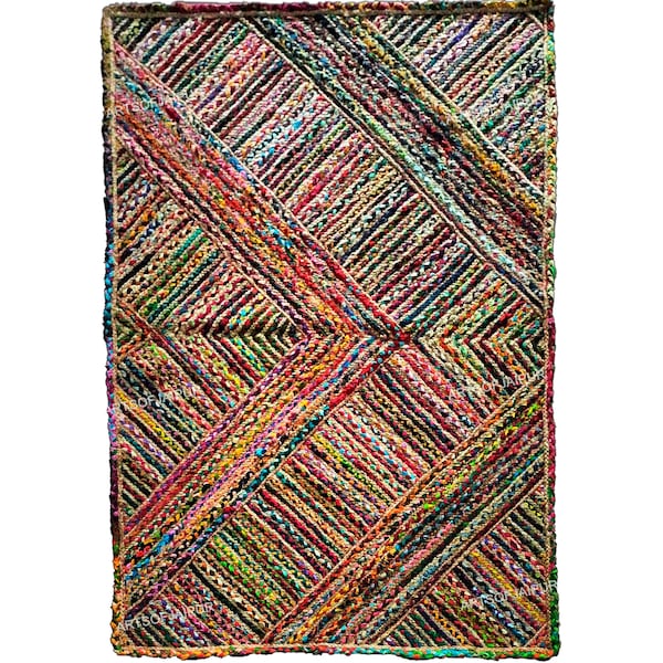 Tapis de jute - Tapis de zone en jute Tapis chindi en coton de jute naturel Tapis multicolore Tapis bohème Tapis de salon Tapis de jute pe