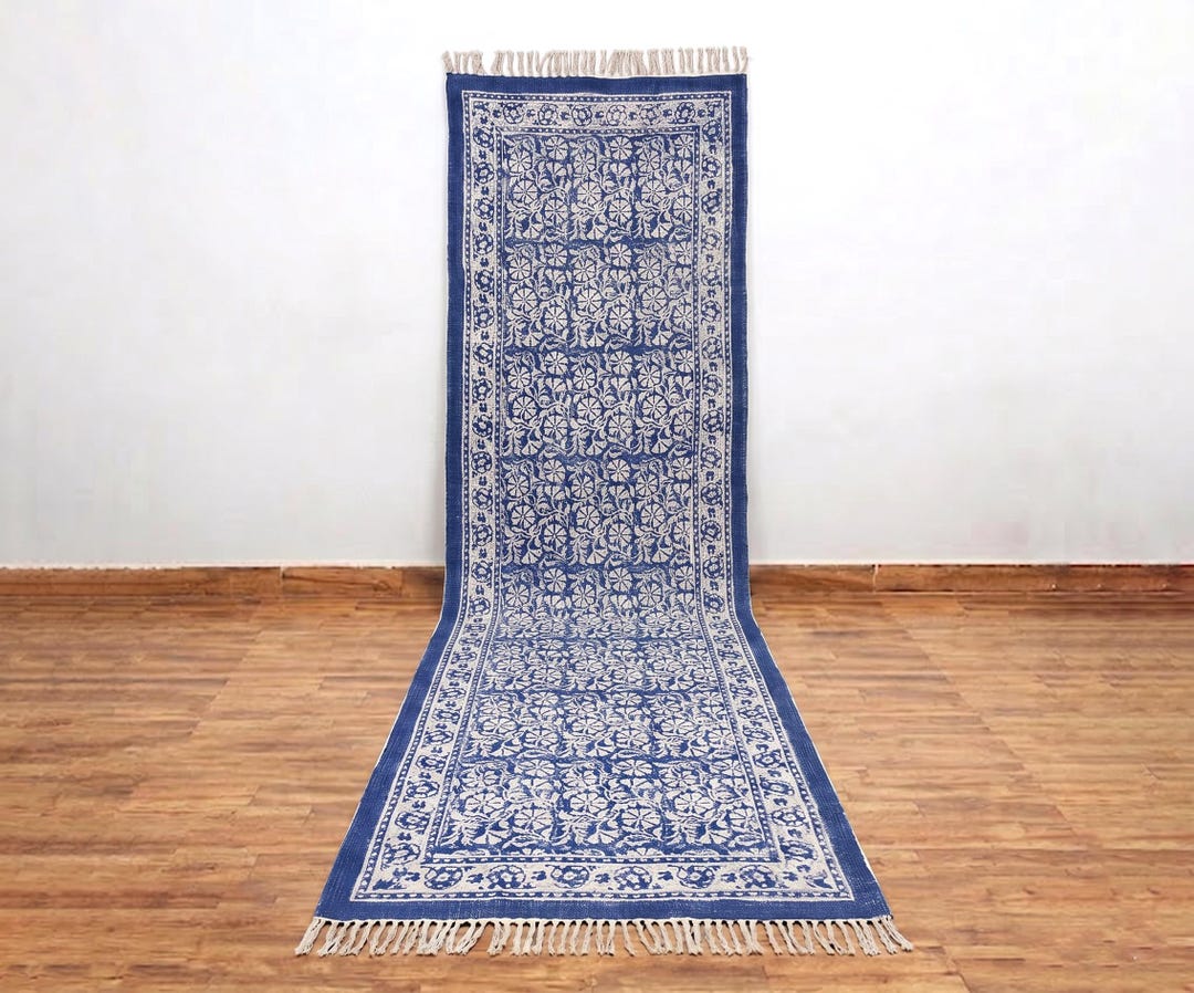 Floral Blue Runner, Hand Block Print Rug, Cotton Rug Runner, Washable ...