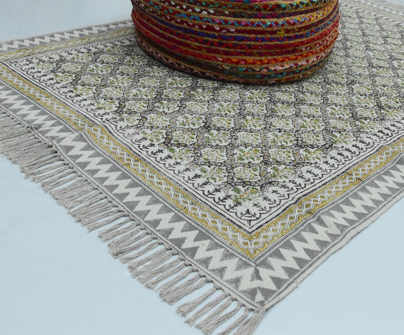 Hand Block Print Cotton Rug Floral Boho Dhurrie Runner Indian Handmade ...