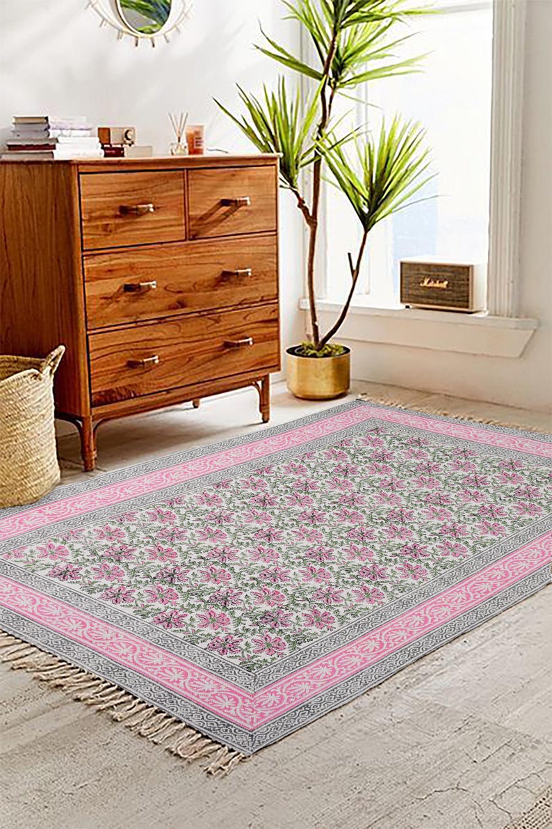 Pink Floral Block Print Cotton Rug, Bohemian Indian Decor, Handwoven ...