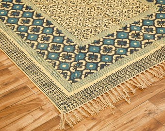 Hand Block Print Cotton Rug, Blue Indian Dhurrie, Bohemian Kilim Mat