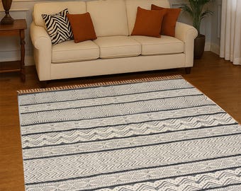 Grey Geometric Rug Handmade Indoor durries Hand block printed cotton durries cotton Square Rug 4x4 5x5 8x8 Feet