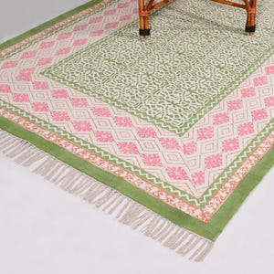 Alfombras Durries de algodón verde hechas a mano con estampado de bloques a mano para la sala de estar, decoración del hogar, alfombra de c