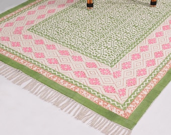 Alfombra de algodón estampada a mano con bloques: Alfombra Dhurrie india verde