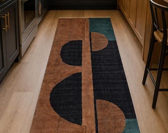 Handmade Geometric Kitchen Runner Rug, Cotton Area Rug, Modern Boho Runner, Brown Navy Blue Teal Rug, Handwoven Indian Dhurrie