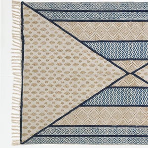 Hand Block Print Cotton Rug: Geometric Blue Yellow Area Rug