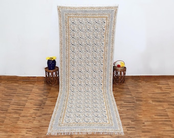 Hand Block Print Cotton Rug: Floral Indian Rug, Boho Decor