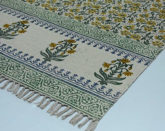 Hand Block Print Cotton Dhurrie Rug: Floral Indian Decor