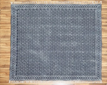 Indian cotton rug Blue handmade rug Block print rug Square rug, Rug for living room Cotton rugs Office rug Large area rug Navajo kilim rug