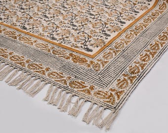 Hand Block Printed Cotton Dhurrie Rug Boho Floral Area Rug