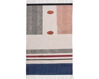 Handbedrukt katoenen vloerkleed, moderne dhurrie, boho platgeweven, handgemaakte Indiase loper