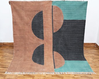 Cotton square rug door mat block printed rug brown green custom size rug indoor outdoor rug  handmade square rug 5x5 8x8 10x10 feet