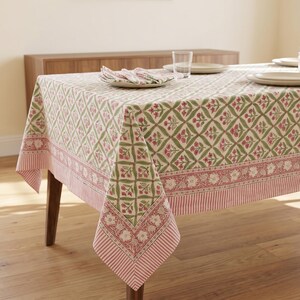 Floral Cotton Tablecloth, Green & Pink Custom Size Kitchen Table Decor, Hand Block Printed Dining Table Cover