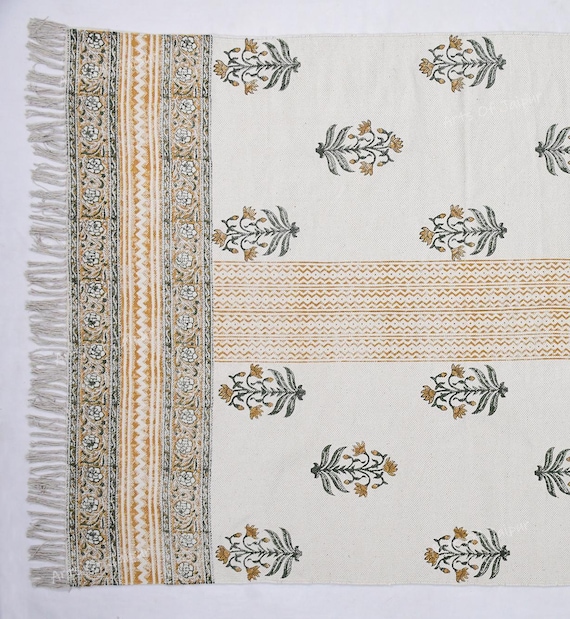 Indian Dhurrie Rug, Block Printed Rug, Modern Cotton Rug, Stair Woven Cotton Durries, Dining Room/ Living Room Rug, Navajo Kilim Rug