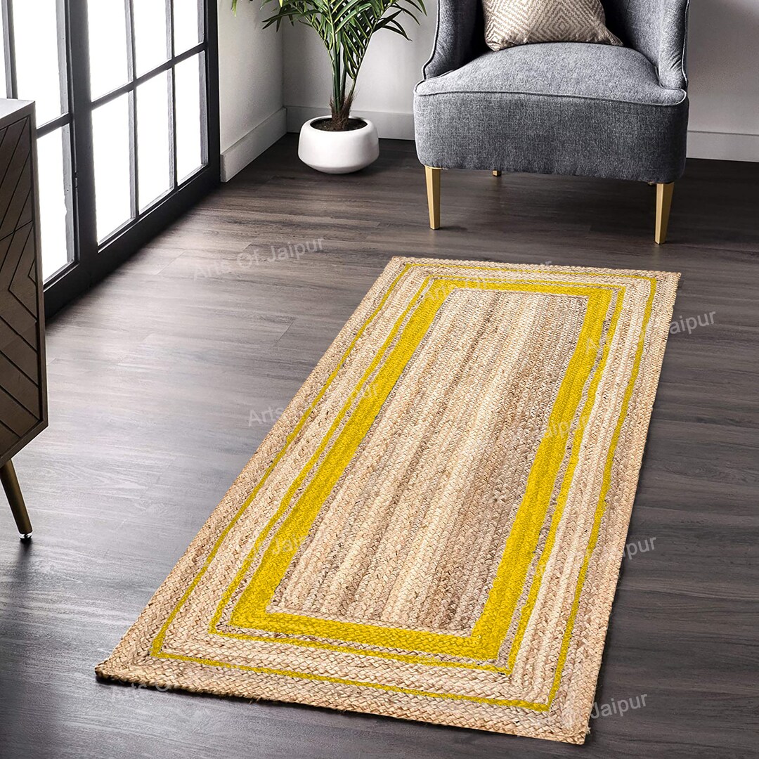 Hand Braided Rug Yellow Jute Rug Rectangle Jute Runner Doormat Area Rug