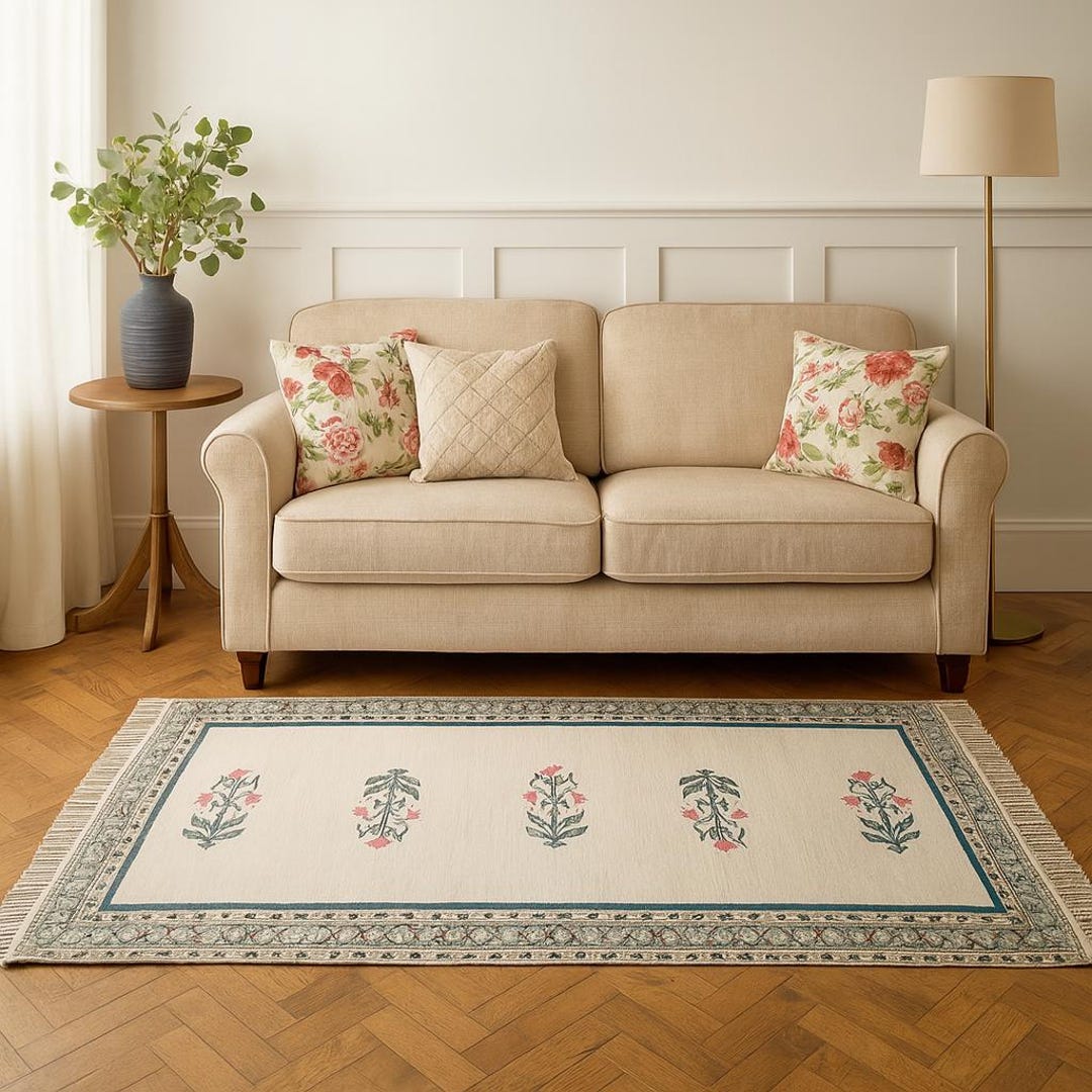 Markered Rug Hand Block Print Cotton Rug: Square Floral Area Rug, Custom Size - Etsy