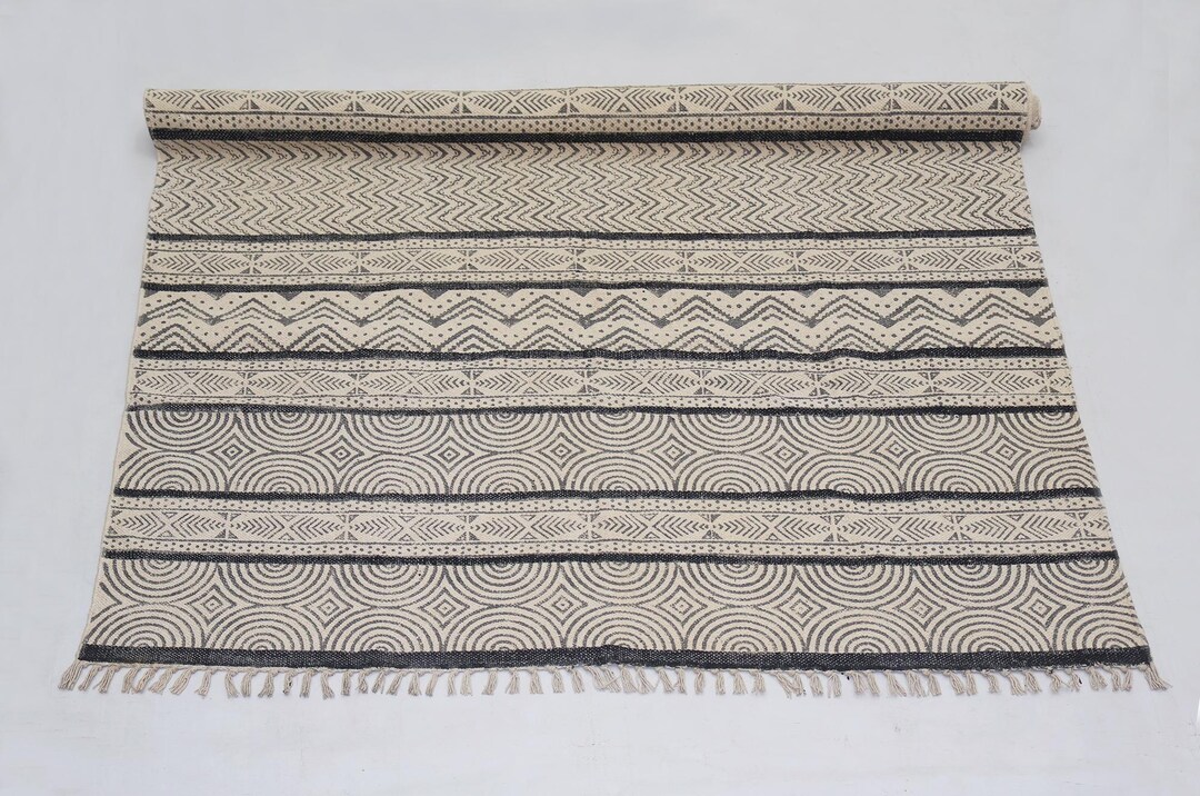 Grey Geometric Rug Handmade Indoor Durries Hand Block Printed Cotton ...